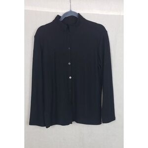 EILEEN FISHER Black Mock Neck Button Front 100% Wool Knit Sweater Top S Minimal